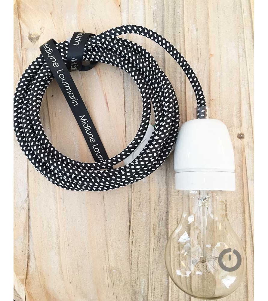 Baladeuse cable textile noir effet 3D et douille porcelaine Baladeuse cable textile noir effet 3D et douille porcelaine