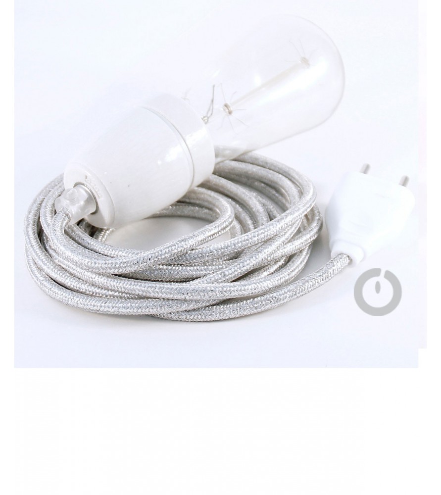 Baladeuse cable textile lamé argent et douille porcelaine Baladeuse cable textile lamé argent et douille porcelaine