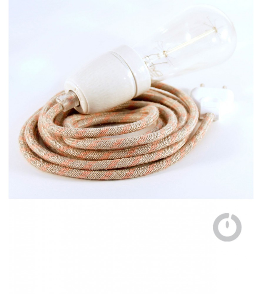 Baladeuse cable textile lin zig zag rose et douille porcelaine Baladeuse cable textile lin zig zag rose et douille porcelaine