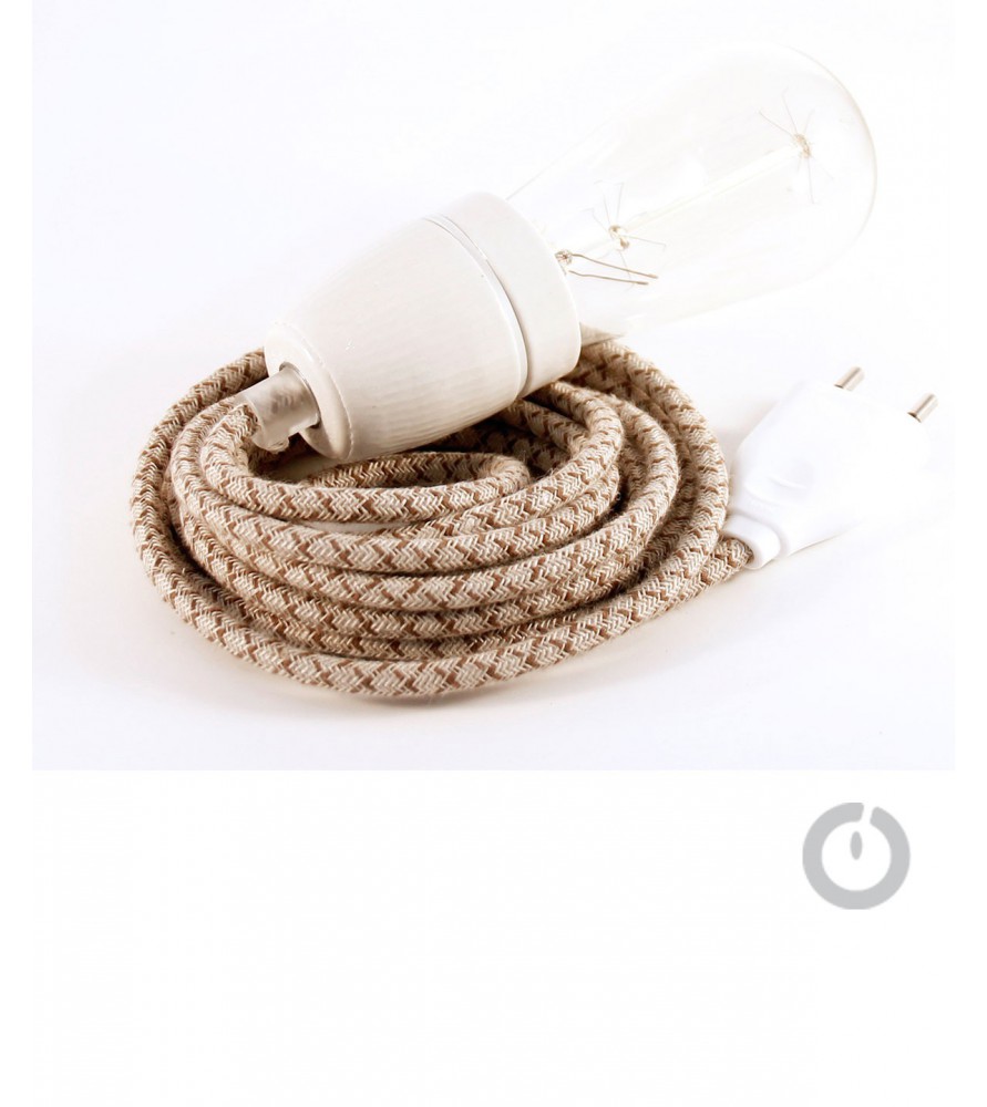 Baladeuse cable textile lin zig zag marron et douille porcelaine Baladeuse cable textile lin zig zag marron et douille porcelaine